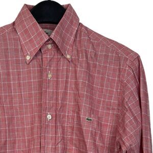 Lacoste Mens 38 (Medium) 100% Cotton Long Sleeve Button Down Red Plaid Alligator
